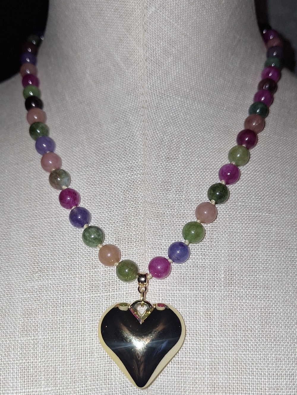 Multicolor Tourmaline Bead Gemstone Necklace With gold Heart Pendant